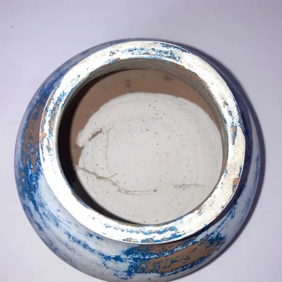 Artisan Vintage Blue and White Clay Pottery Vase Pre Owned